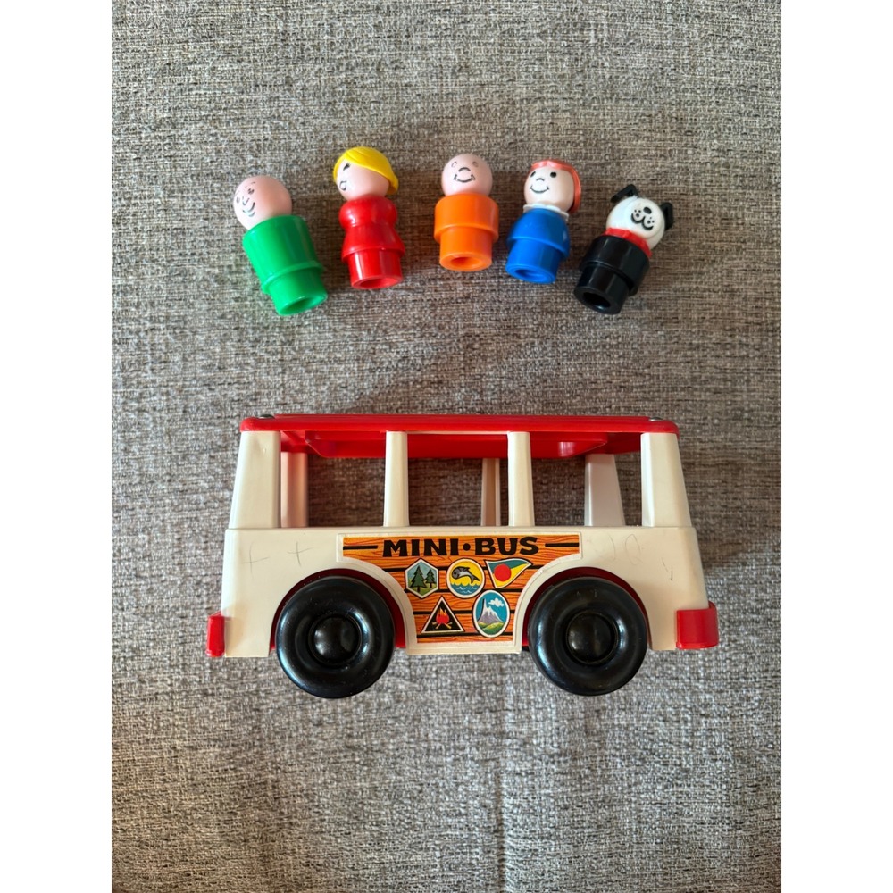 Vintage Fisher Price Little People Family Mini Bus Complete Set Lucky Dog 1970s